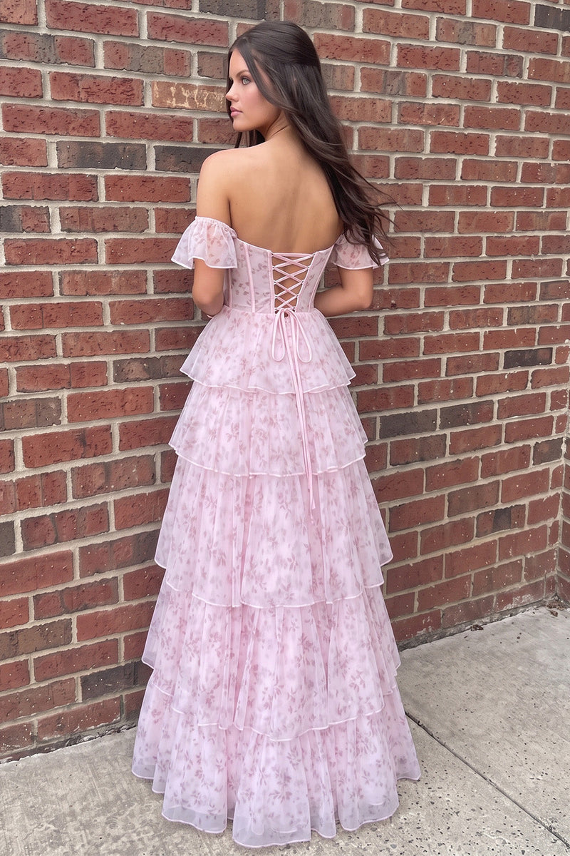 Load image into Gallery viewer, Pink A Line Corset Off the Shoulder Ruffled Floral Long Prom Dress