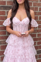 Load image into Gallery viewer, Pink A Line Corset Off the Shoulder Ruffled Floral Long Prom Dress