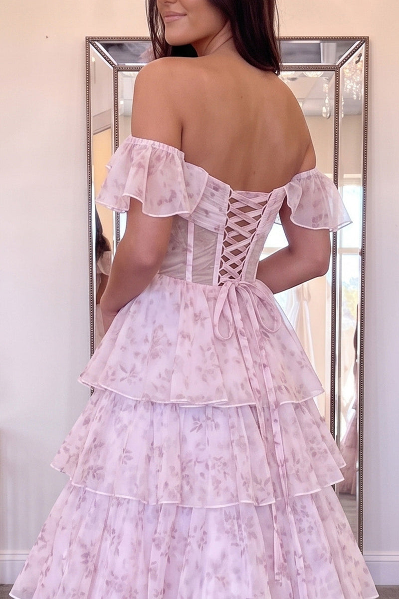 Load image into Gallery viewer, Pink Floral Corset Ruffled A-Line Off the Shoulder Long Prom Dress