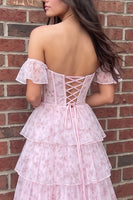 Load image into Gallery viewer, Pink A Line Corset Off the Shoulder Ruffled Floral Long Prom Dress