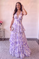 Load image into Gallery viewer, Floral Purple A Line Ruffled Halter Print Long Prom Dress