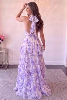 Floral Purple A Line Ruffled Halter Print Long Prom Dress