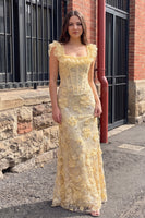 Load image into Gallery viewer, Sparkly Yellow Sequin Floral Ruffled Corset Mermaid Long Prom Dress