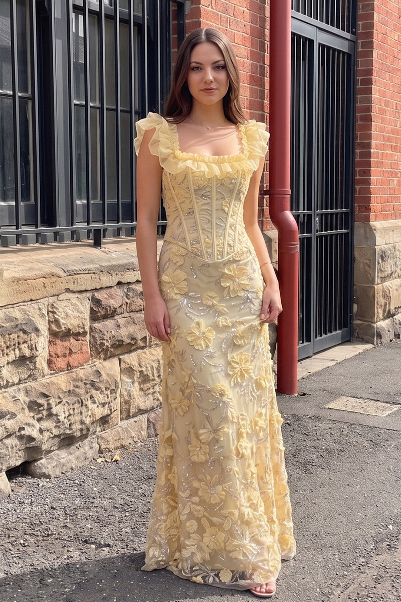 Load image into Gallery viewer, Sparkly Yellow Sequin Floral Ruffled Corset Mermaid Long Prom Dress