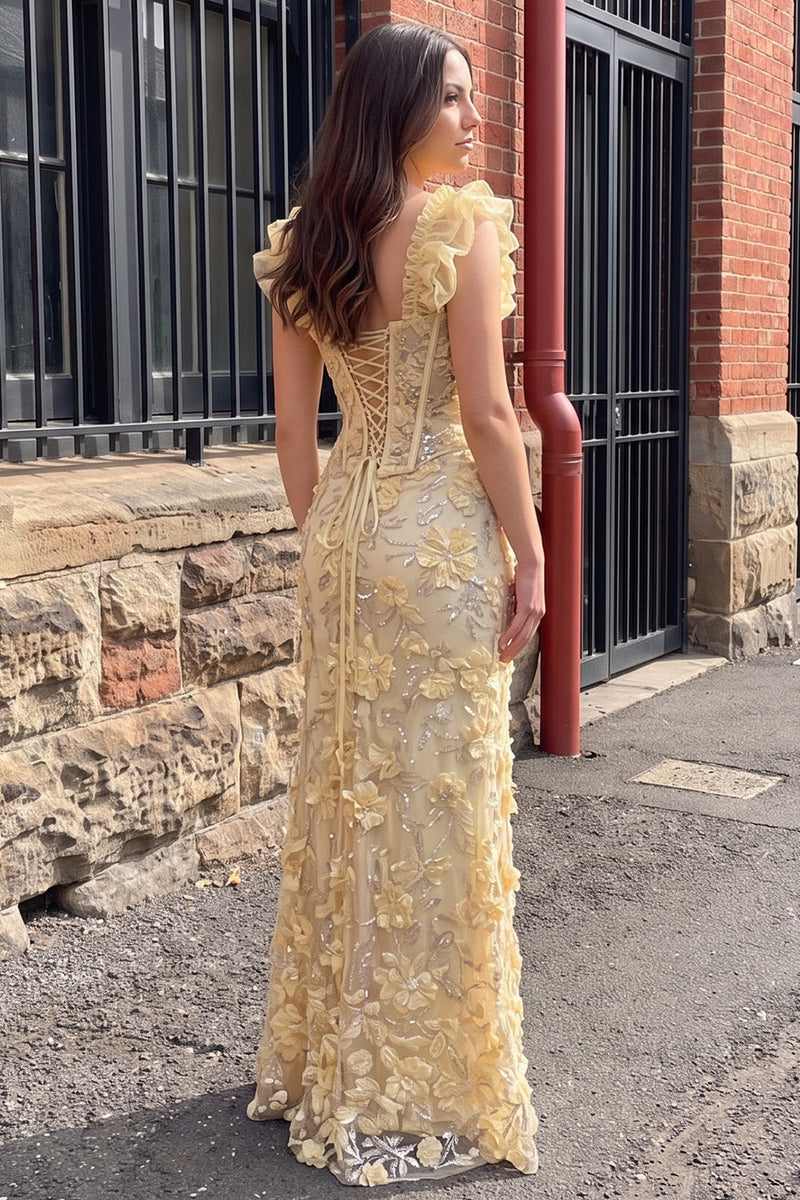 Load image into Gallery viewer, Sparkly Yellow Sequin Floral Ruffled Corset Mermaid Long Prom Dress