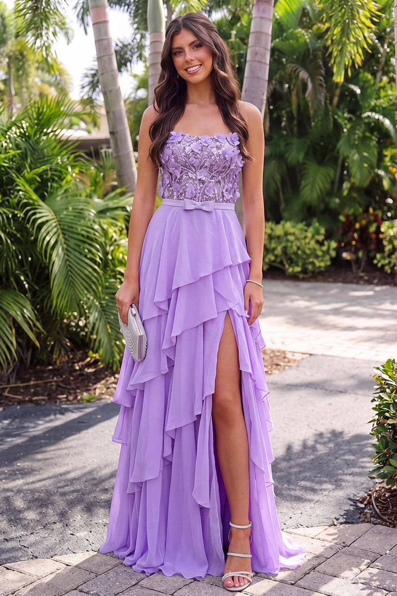 Load image into Gallery viewer, Sparkly Purple Floral A Line Ruffled Strapless Long Prom Dress with Slit