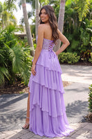 Load image into Gallery viewer, Sparkly Purple Floral A Line Ruffled Strapless Long Prom Dress with Slit