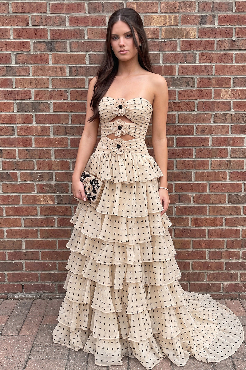 Queendancer Women Champagne Polka Dots Floral Ruffled Cut Out Long Prom ...