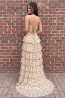 Load image into Gallery viewer, Champagne Polka Dots A Line Ruffled Cut Out Sweetheart Long Prom Dress with 3D Flowers