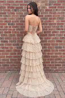 Champagne Polka Dots A Line Ruffled Cut Out Sweetheart Long Prom Dress with 3D Flowers