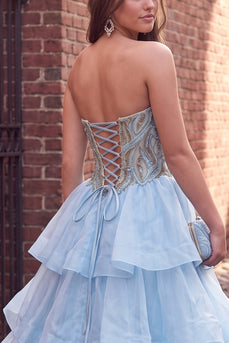 Sparkly Blue A Line Ruffled Beaded Strapless Long Prom Dress