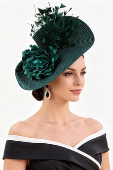 Dark Green Featherd Sinamay Fabric Flower Fascinator Hat