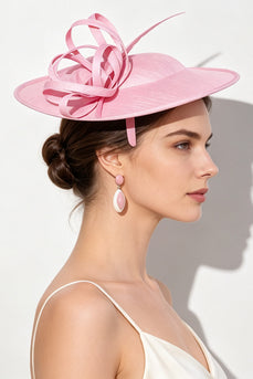 Looped Crinoline Ribbons Pink Fascinator Hat with Feather Quills