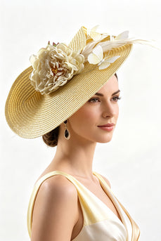 Woven Straw Netting Yellow Fascinator Hat with Fabric Flower Butterflies & Feathers