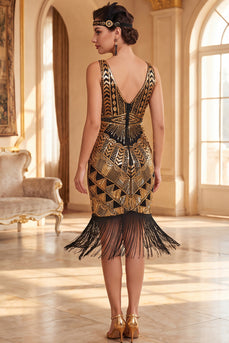 Sparkly Black Golden Tight Sequin Beaded Fringed V-Neck Midi 1920s Dress