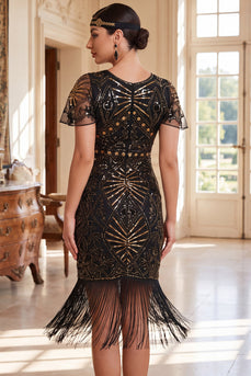 Black Golden Sparkly Tight Sequin Fringed Round Neck Midi 1920s Dress with Beading