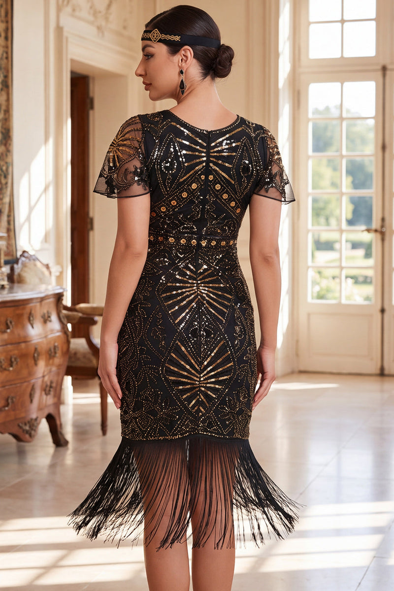Load image into Gallery viewer, Black Golden Sparkly Tight Sequin Fringed Round Neck Midi 1920s Dress with Beading