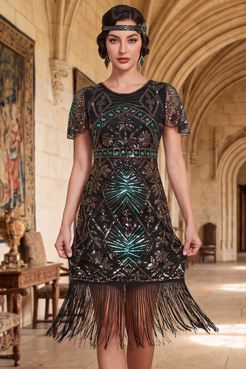 Load image into Gallery viewer, Black Golden Sparkly Tight Sequin Fringed Round Neck Midi 1920s Dress with Beading