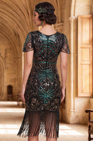 Load image into Gallery viewer, Black Golden Sparkly Tight Sequin Fringed Round Neck Midi 1920s Dress with Beading