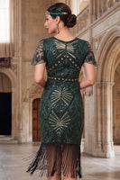 Load image into Gallery viewer, Black Golden Sparkly Tight Sequin Fringed Round Neck Midi 1920s Dress with Beading