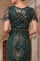 Load image into Gallery viewer, Black Golden Sparkly Tight Sequin Fringed Round Neck Midi 1920s Dress with Beading