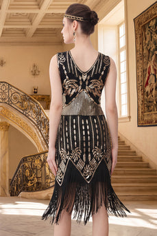 Black Golden Tight Sparkly Beaded Sequin V-Neck Midi 1920s Dress with Fringes
