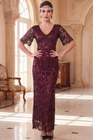 Load image into Gallery viewer, Sparkly Peacock Green Sequin Sheath V-Neck Long 1920s Dress with Sleeves