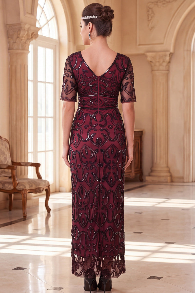 Load image into Gallery viewer, Sparkly Peacock Green Sequin Sheath V-Neck Long 1920s Dress with Sleeves