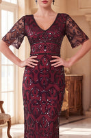 Load image into Gallery viewer, Sparkly Peacock Green Sequin Sheath V-Neck Long 1920s Dress with Sleeves
