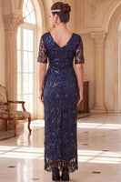 Load image into Gallery viewer, Sparkly Peacock Green Sequin Sheath V-Neck Long 1920s Dress with Sleeves