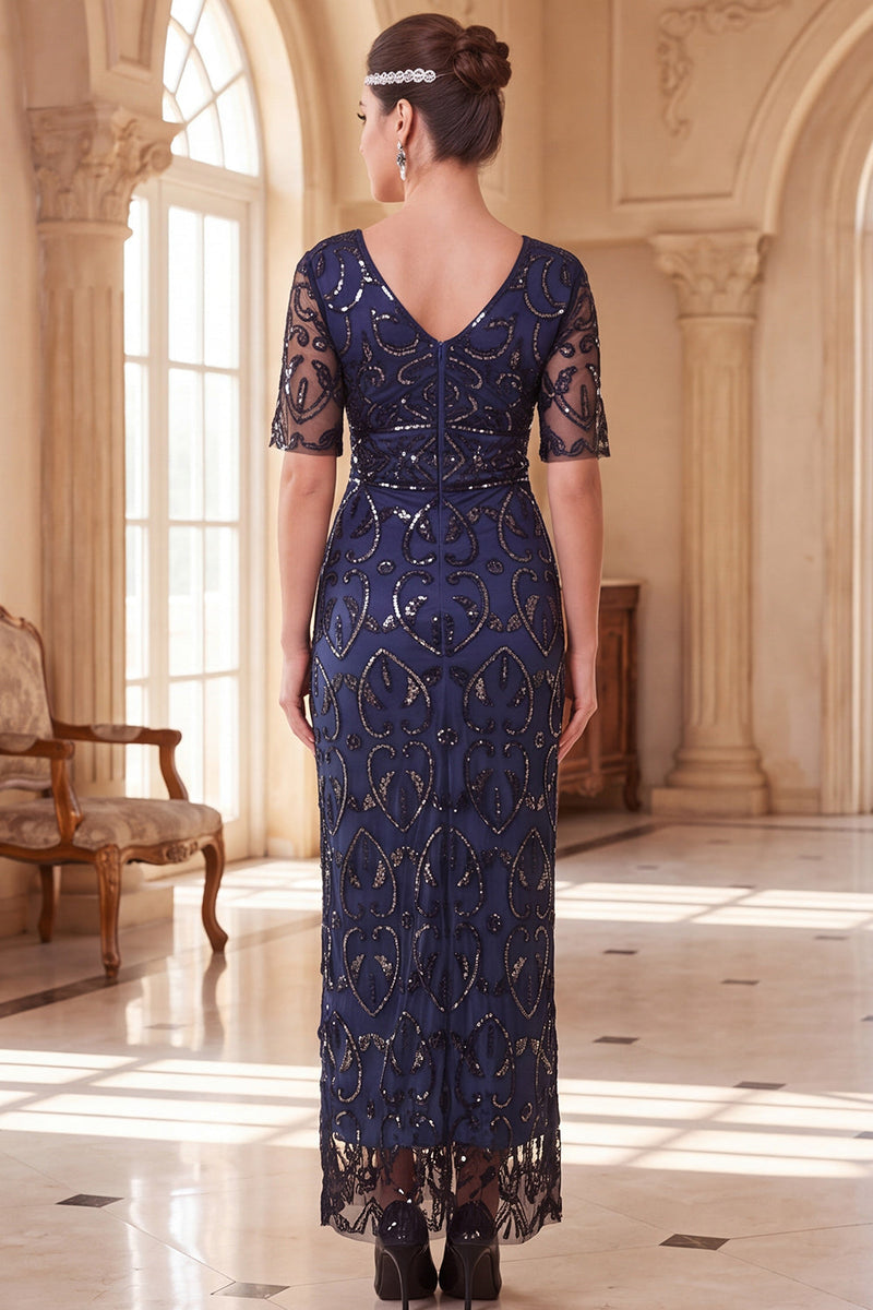 Load image into Gallery viewer, Sparkly Peacock Green Sequin Sheath V-Neck Long 1920s Dress with Sleeves