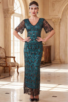 Load image into Gallery viewer, Sparkly Peacock Green Sequin Sheath V-Neck Long 1920s Dress with Sleeves
