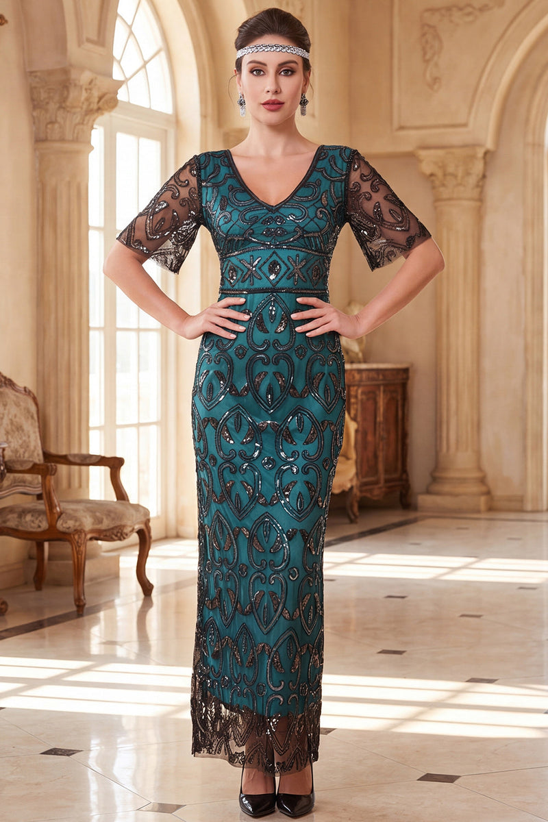 Load image into Gallery viewer, Sparkly Peacock Green Sequin Sheath V-Neck Long 1920s Dress with Sleeves