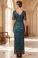 Load image into Gallery viewer, Sparkly Peacock Green Sequin Sheath V-Neck Long 1920s Dress with Sleeves
