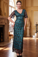 Load image into Gallery viewer, Sparkly Peacock Green Sequin Sheath V-Neck Long 1920s Dress with Sleeves