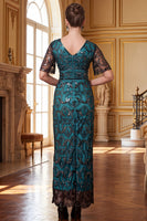 Load image into Gallery viewer, Sparkly Peacock Green Sequin Sheath V-Neck Long 1920s Dress with Sleeves