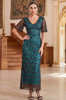 Load image into Gallery viewer, Sparkly Peacock Green Sequin Sheath V-Neck Long 1920s Dress with Sleeves