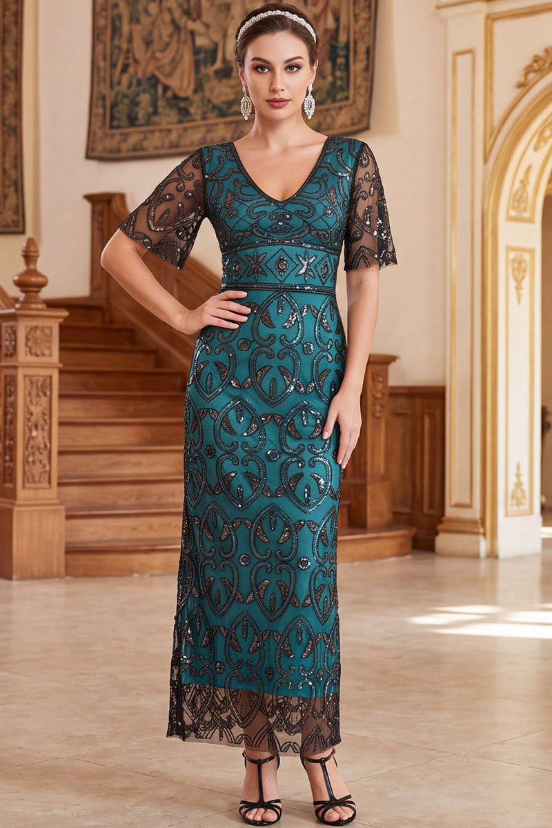 Load image into Gallery viewer, Sparkly Peacock Green Sequin Sheath V-Neck Long 1920s Dress with Sleeves