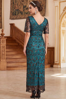 Load image into Gallery viewer, Sparkly Peacock Green Sequin Sheath V-Neck Long 1920s Dress with Sleeves