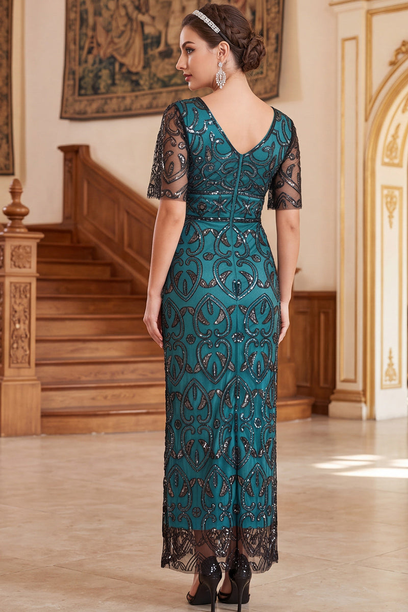 Load image into Gallery viewer, Sparkly Peacock Green Sequin Sheath V-Neck Long 1920s Dress with Sleeves