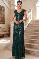 Load image into Gallery viewer, Sparkly Dark Green Sequin Sheath V-Neck Long 1920s Dress