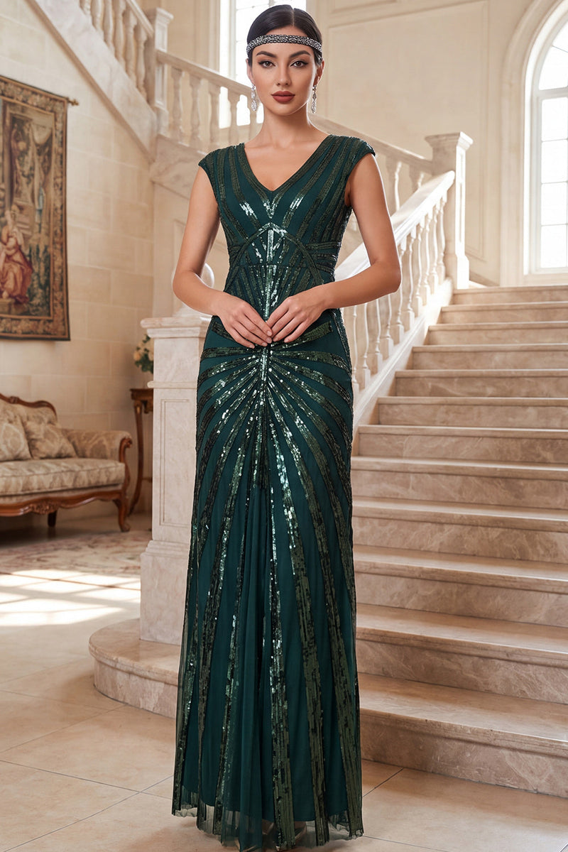 Load image into Gallery viewer, Sparkly Dark Green Sequin Sheath V-Neck Long 1920s Dress