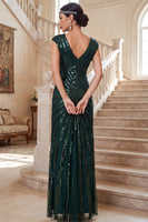 Load image into Gallery viewer, Sparkly Dark Green Sequin Sheath V-Neck Long 1920s Dress
