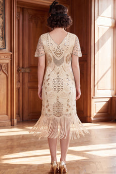 Apricot Sparkly Beaded Sequin V-Neck Midi 1920s Dress with Fringes