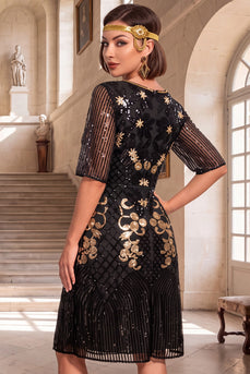 A Line Sparkly Black Sequin Round Neck Midi 1920s Dress with Beading