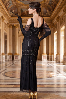Black Sparkly Sheath Beaded Fringed Cold Shoulder Long 1920s Dress with Sequins