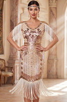 Load image into Gallery viewer, Tight Apricot Sparkly Sequin Beaded V-Neck Midi 1920s Dress with Fringes