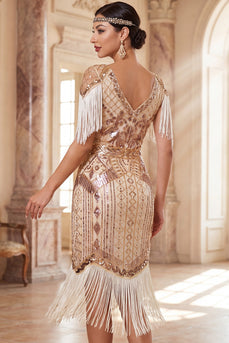 Tight Apricot Sparkly Sequin Beaded V-Neck Midi 1920s Dress with Fringes