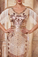 Load image into Gallery viewer, Tight Apricot Sparkly Sequin Beaded V-Neck Midi 1920s Dress with Fringes