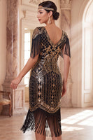 Load image into Gallery viewer, Tight Apricot Sparkly Sequin Beaded V-Neck Midi 1920s Dress with Fringes